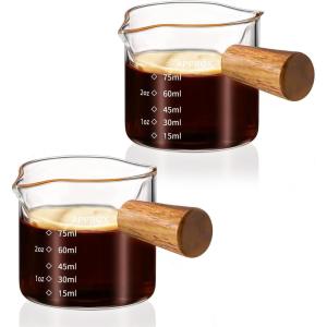 imageYARRAMATE 2 Pack Espresso Shot Cup with Wood Handle Clear Glass with Dual Scale Espresso Shot Glass with Single Spout 34 OZ 100 ML2 Pack DoubleSpout