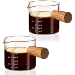 imageYARRAMATE 2 Pack Espresso Shot Cup with Wood Handle Clear Glass with Dual Scale Espresso Shot Glass with Single Spout 34 OZ 100 ML2 Pack SingleSpout