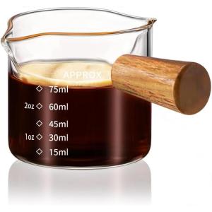 imageYARRAMATE 2 Pack Espresso Shot Cup with Wood Handle Clear Glass with Dual Scale Espresso Shot Glass with Single Spout 34 OZ 100 MLDoubleSpout