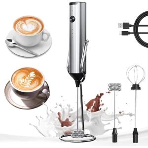 imageYARRAMATE Rechargeable Milk Frother Wand Handheld With Stand 3 Speed Adjustable Drink Mixer with 2 Whisks Stainless Steel Electric Stirrer for Coffee Lattes Protein Shakes Matcha Egg