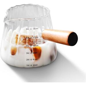 imageYARRAMATE 2 Pack 6 oz180ML Glass Measuring Cup with Wooden Handle  Espresso Shot Cups Ribbed Milk Frothing Pitcher Dual Scale Markings VShaped Mouth for Easy Pouring6 oz180 ML